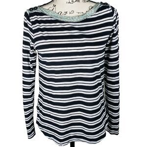 Anthropologie 9-H15 STCL Sz S Long Sleeve Knit Top Black White Striped Boat Neck